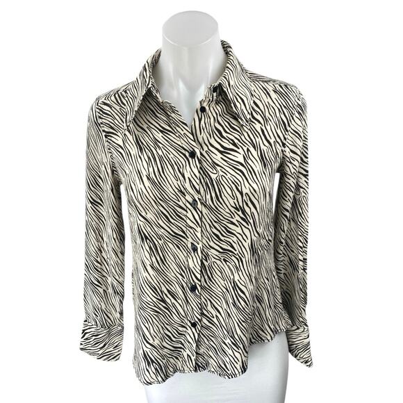 MNG Mango White Black Zebra Animal Print Long Sleeve Button Down Shirt Top Sz 4 - Picture 1 of 4